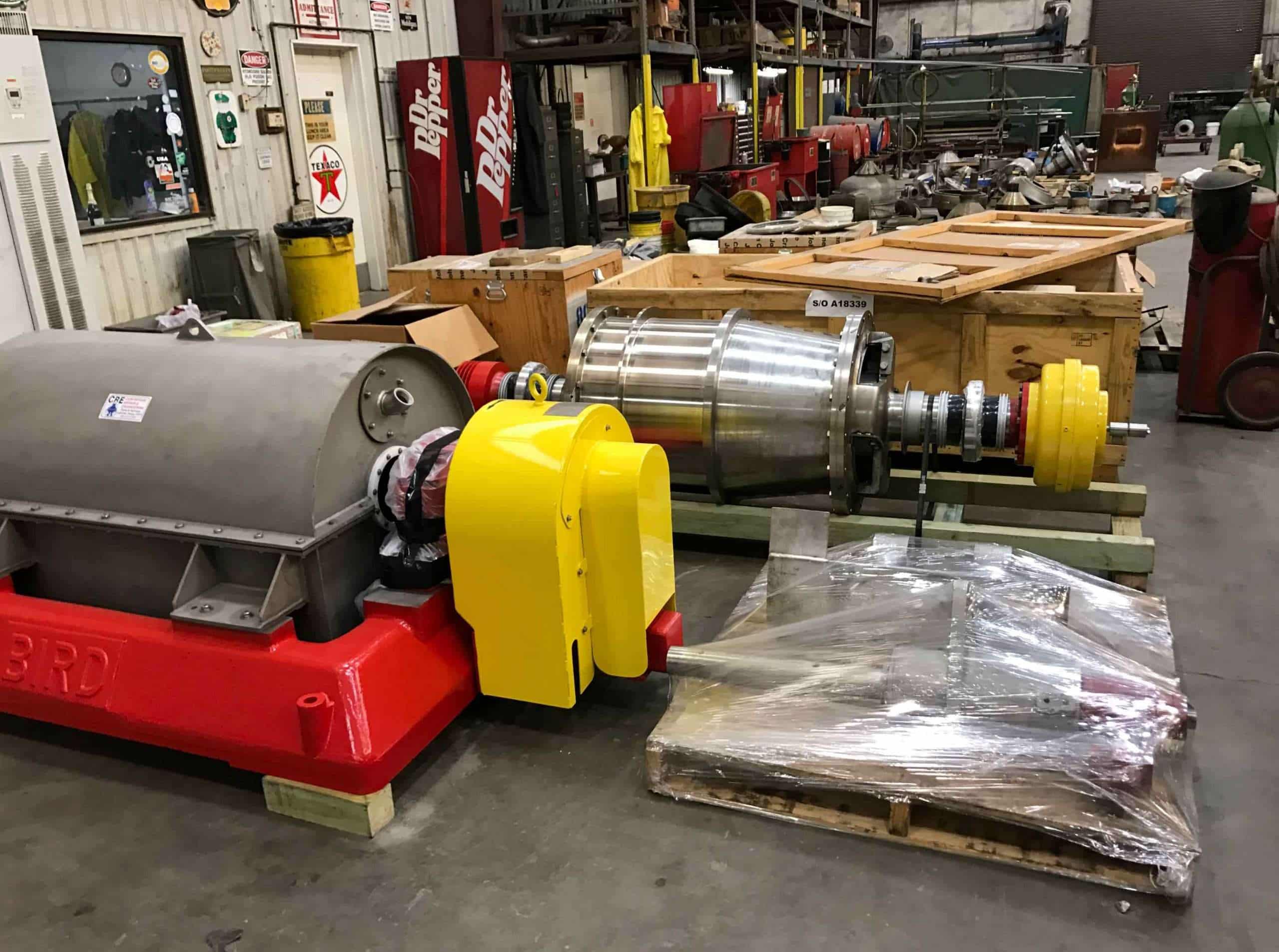 Bird decanter centrifuge undergoing repair at a Centrifuge World service center
