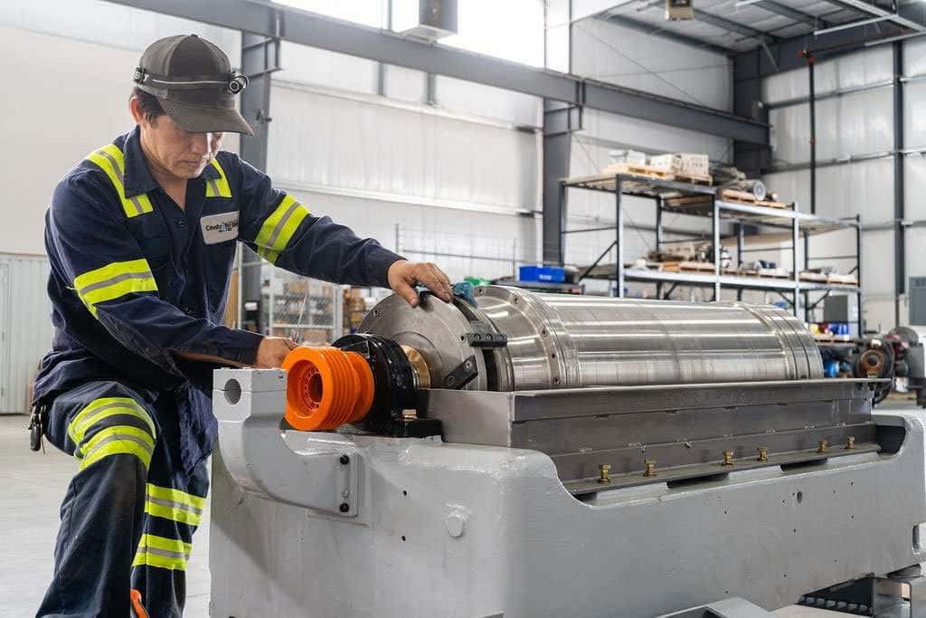 Decanter centrifuge in the shop during reconditioning at Centrifuge World